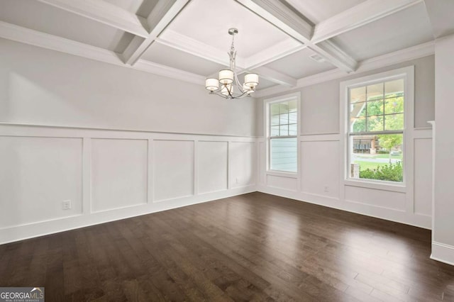 unfurnished dining area featuring coffered ceiling, a notable chandelier, beam ceiling, and dark wood-type flooring