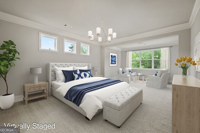 bedroom with crown molding, carpet floors, and a notable chandelier