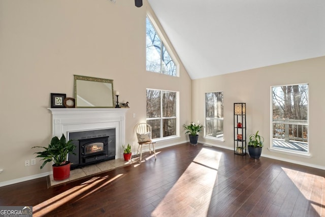 living area featuring a fireplace, wood-type flooring, and high vaulted ceiling