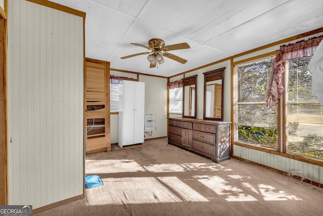 interior space featuring heating unit, ceiling fan, and light colored carpet