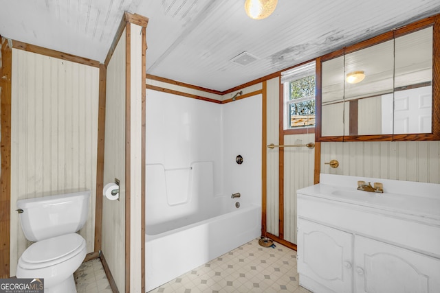 full bathroom with vanity, toilet, and shower / washtub combination