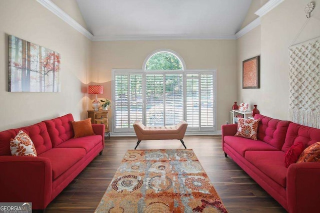 living room featuring dark hardwood / wood-style floors, lofted ceiling, and ornamental molding