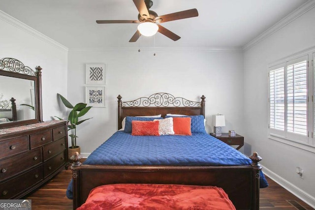 bedroom with ceiling fan, ornamental molding, and dark wood-type flooring