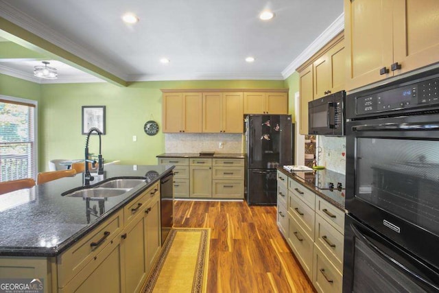 kitchen with sink, dark stone countertops, an island with sink, black appliances, and hardwood / wood-style flooring