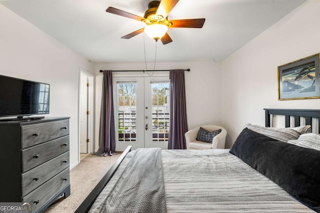 carpeted bedroom featuring access to exterior, french doors, and ceiling fan