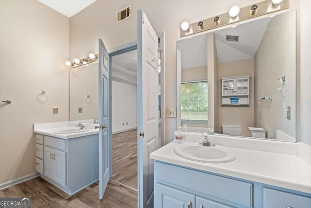 bathroom with hardwood / wood-style flooring, vanity, toilet, and a textured ceiling