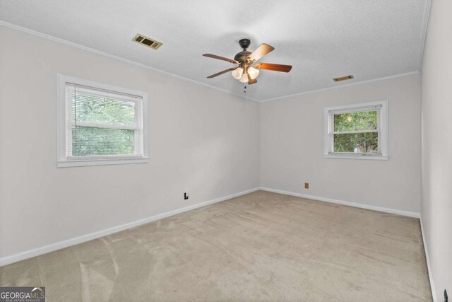 carpeted spare room featuring a textured ceiling, ceiling fan, and crown molding