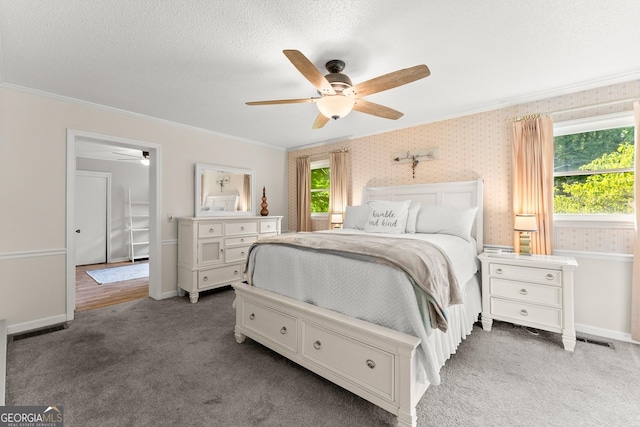 carpeted bedroom with multiple windows, a textured ceiling, ceiling fan, and ornamental molding