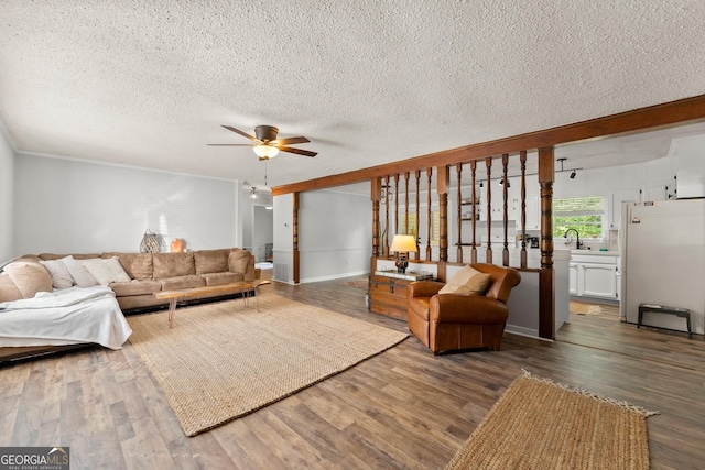 living room with ceiling fan, sink, dark wood-type flooring, and a textured ceiling