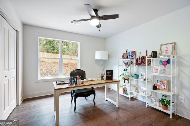 office area featuring visible vents, wood finished floors, a ceiling fan, and baseboards