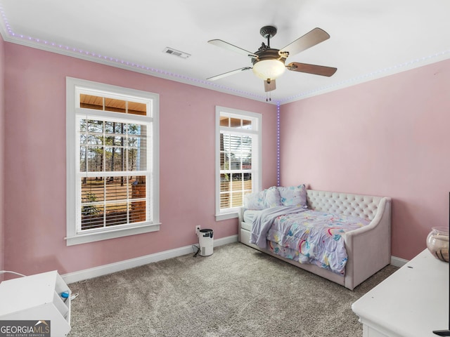 bedroom featuring ceiling fan and carpet floors