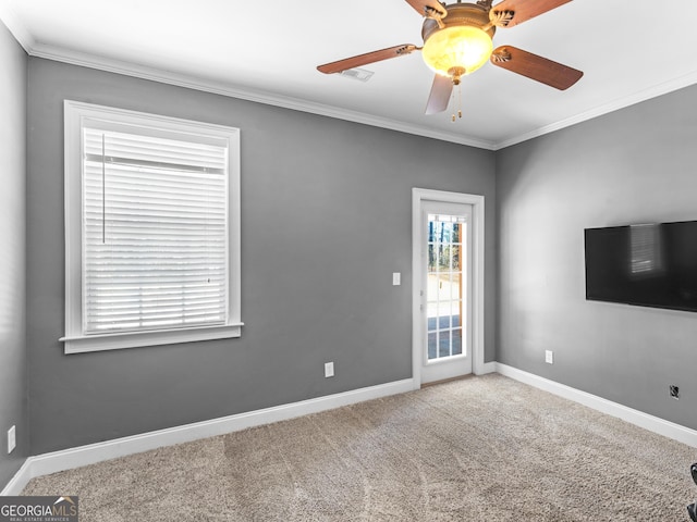 spare room featuring carpet, ceiling fan, and ornamental molding