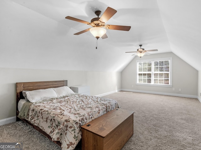 carpeted bedroom featuring ceiling fan and lofted ceiling