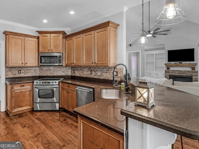 kitchen with stainless steel appliances, ceiling fan, sink, dark hardwood / wood-style floors, and a stone fireplace