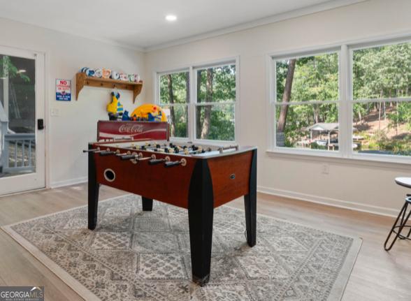 game room with a healthy amount of sunlight, light hardwood / wood-style floors, and ornamental molding