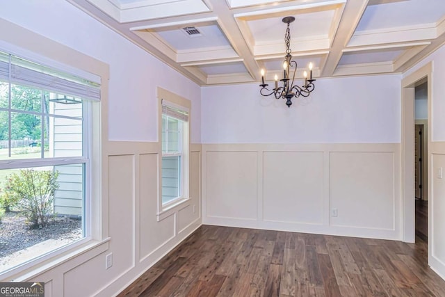 unfurnished dining area featuring a chandelier, beam ceiling, dark hardwood / wood-style floors, and coffered ceiling