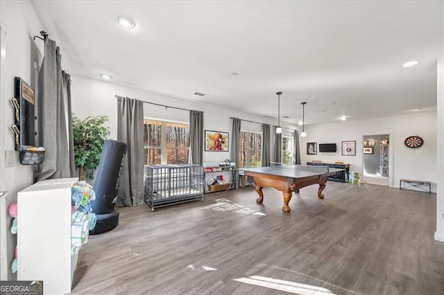 playroom with hardwood / wood-style floors and pool table