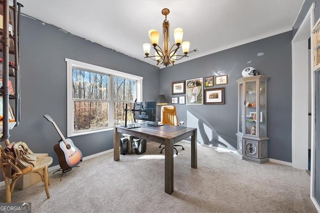 office area featuring carpet, an inviting chandelier, and ornamental molding