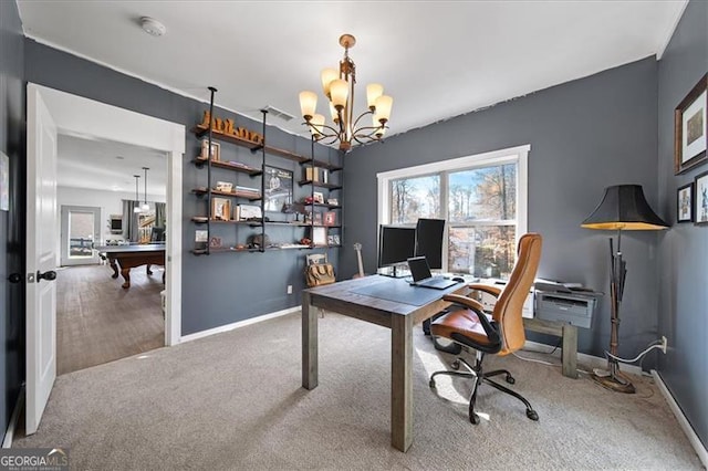 office space featuring pool table, carpet, and a notable chandelier