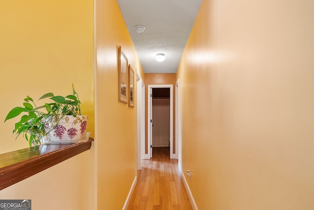 hall with a textured ceiling and light wood-type flooring