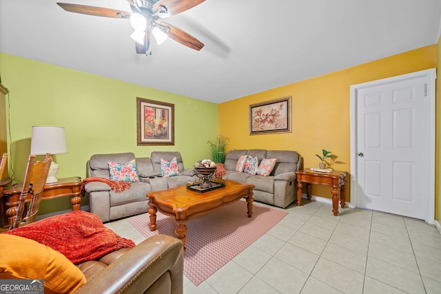 tiled living room featuring ceiling fan