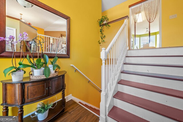 staircase with hardwood / wood-style floors