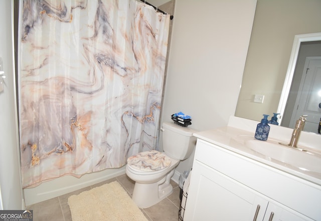 full bathroom with shower / bath combination with curtain, vanity, toilet, and tile patterned floors