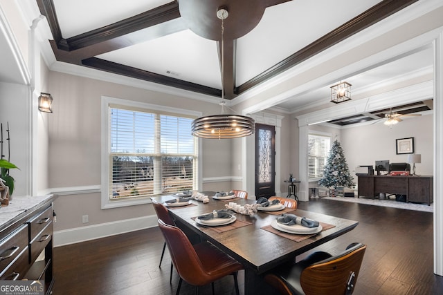 dining space with ceiling fan with notable chandelier, dark hardwood / wood-style floors, and ornamental molding