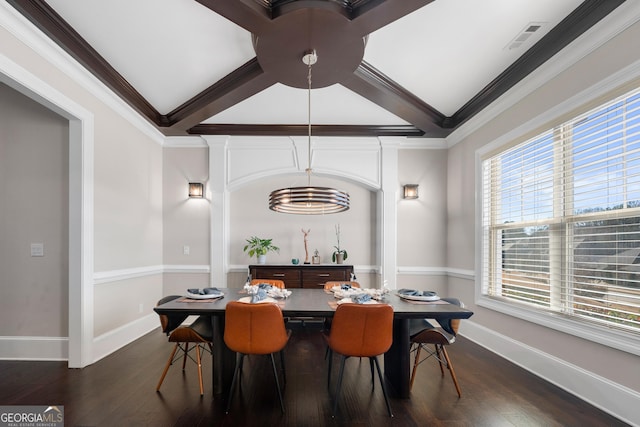 dining space featuring coffered ceiling, dark hardwood / wood-style flooring, ornamental molding, and an inviting chandelier