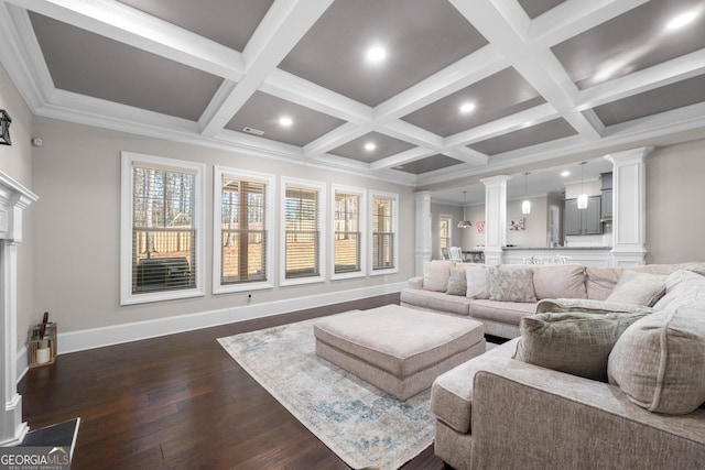 living room featuring dark hardwood / wood-style flooring, ornate columns, ornamental molding, coffered ceiling, and beamed ceiling