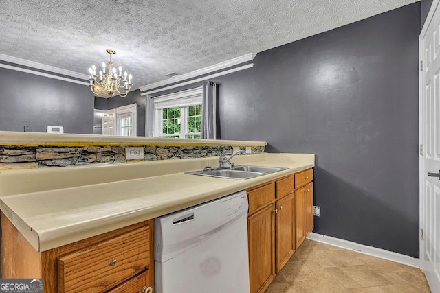 kitchen featuring white dishwasher, a sink, brown cabinetry, a chandelier, and ornamental molding