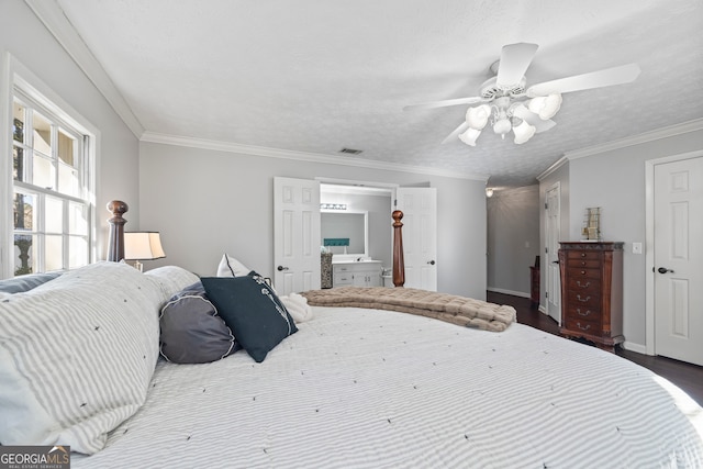 bedroom featuring ceiling fan, dark hardwood / wood-style flooring, crown molding, and a textured ceiling