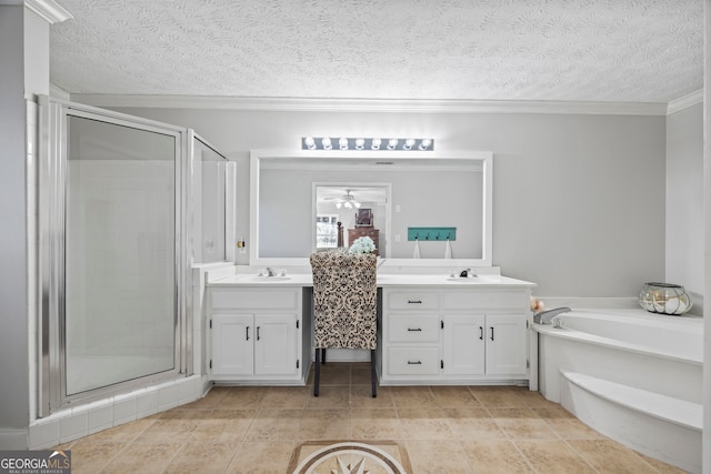 bathroom featuring vanity, ceiling fan, crown molding, and shower with separate bathtub