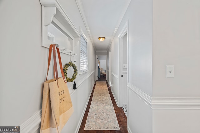 hall featuring crown molding and dark wood-type flooring