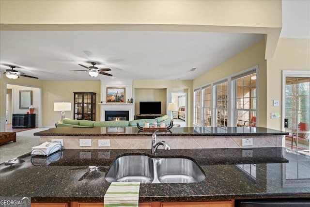 kitchen featuring dishwashing machine, dark stone countertops, a sink, and a glass covered fireplace