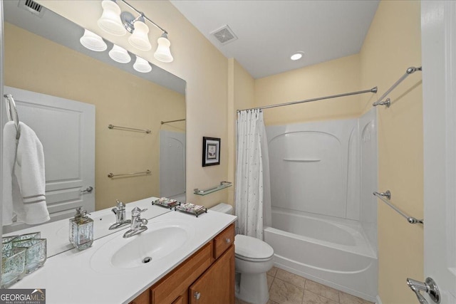 full bath with toilet, tile patterned flooring, shower / bath combo, and visible vents