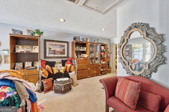 living area with carpet and a textured ceiling