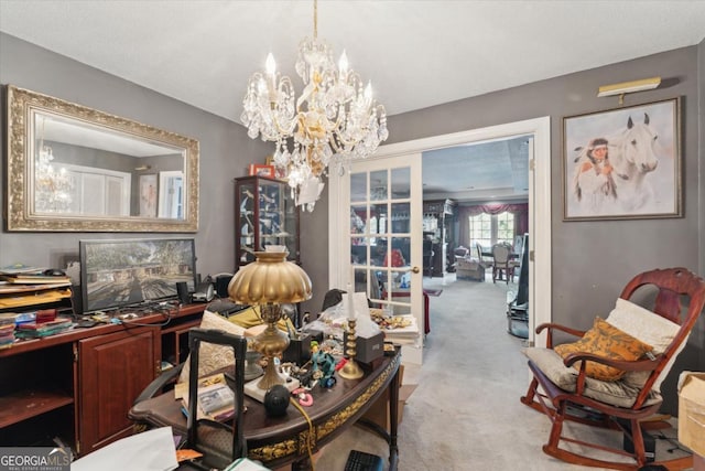 carpeted office space featuring a chandelier