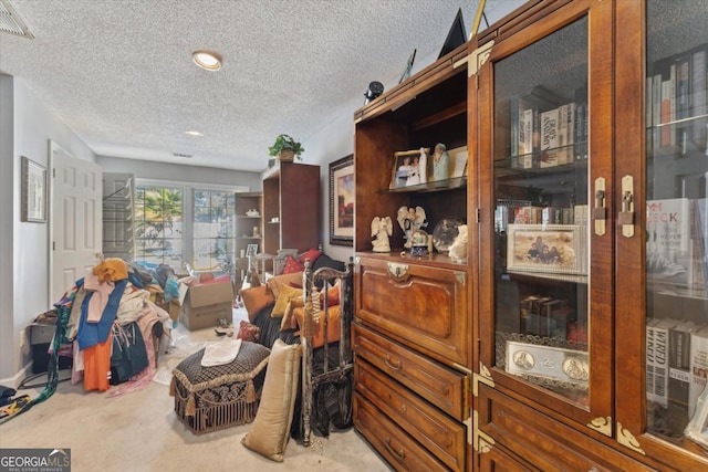 interior space featuring light colored carpet and a textured ceiling