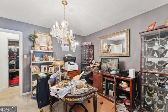 miscellaneous room with light carpet and a chandelier