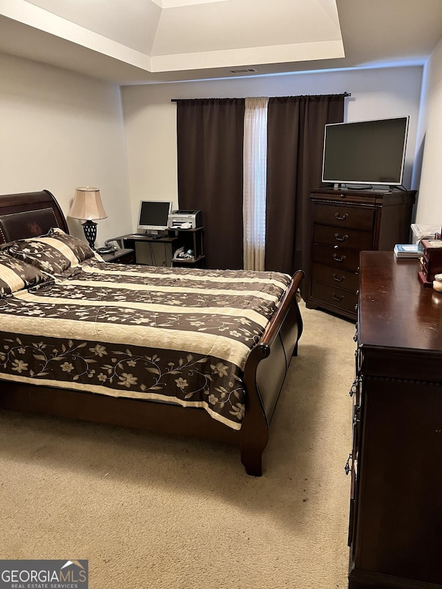 carpeted bedroom featuring a raised ceiling