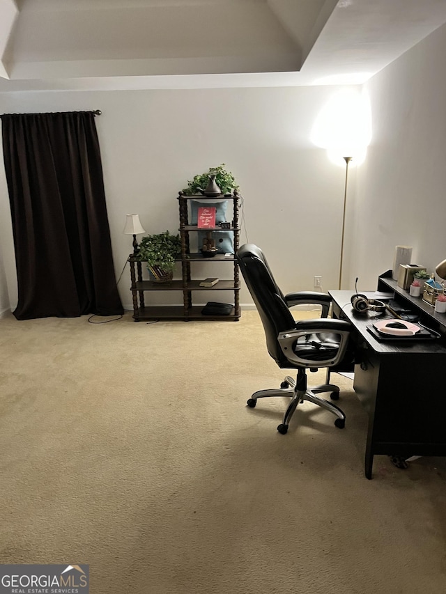 carpeted office space with a tray ceiling