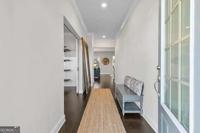 hall featuring dark hardwood / wood-style floors and crown molding