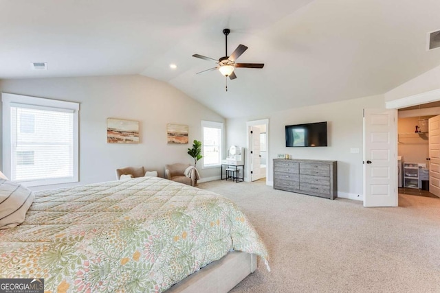 bedroom featuring ceiling fan, light colored carpet, and lofted ceiling