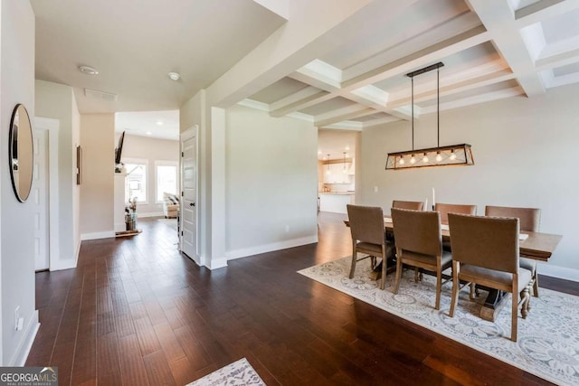 dining area with beam ceiling, dark wood-type flooring, and coffered ceiling