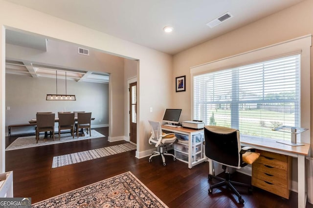 office space with beamed ceiling, dark wood-type flooring, and coffered ceiling