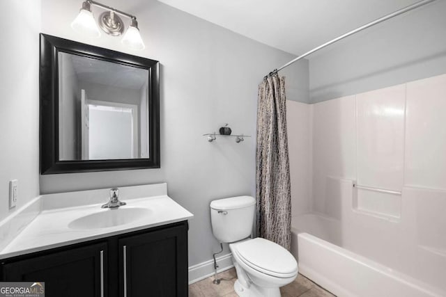 full bathroom featuring shower / bath combination with curtain, vanity, and toilet