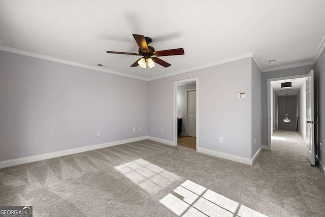 unfurnished bedroom featuring light carpet, ceiling fan, and ornamental molding