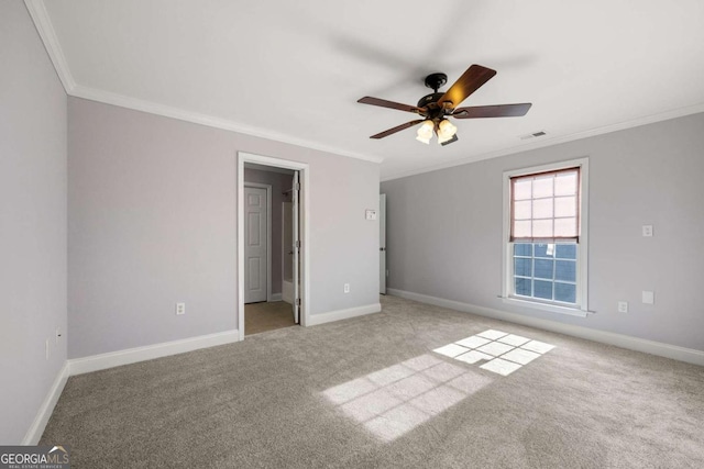 unfurnished bedroom with ceiling fan, light carpet, and ornamental molding