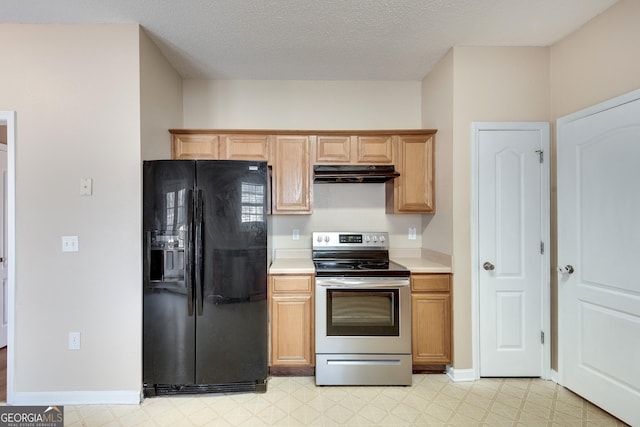 kitchen featuring a textured ceiling, black refrigerator with ice dispenser, and stainless steel range with electric cooktop